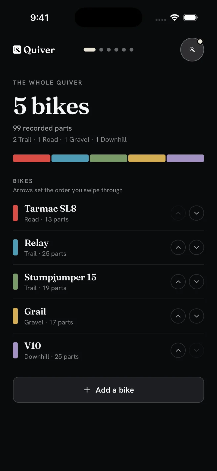 Garage overview showing five bikes, their colors, and recorded parts